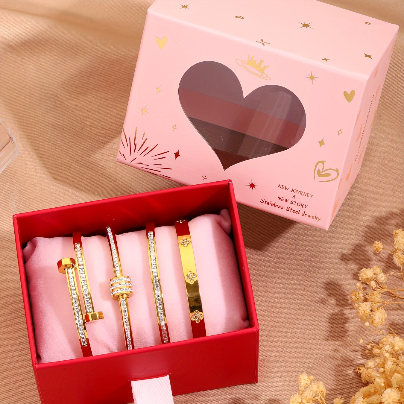 Box PINK LOVE composé de 4 Joncs en acier inoxydable