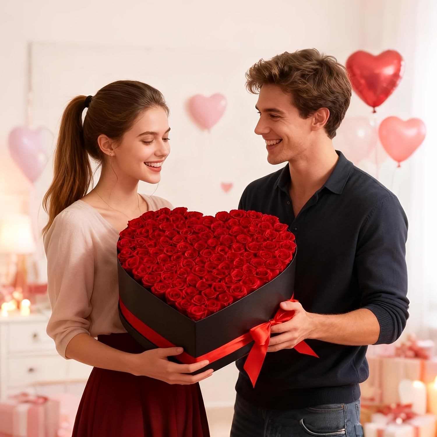 Bouquet en forme de cœur avec rose, artificielle rouge